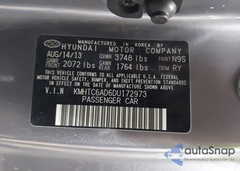 2013 Hyundai Veloster Base W/Black z USA, uszkodzony, nr VIN KMHTC6AD6DU172973